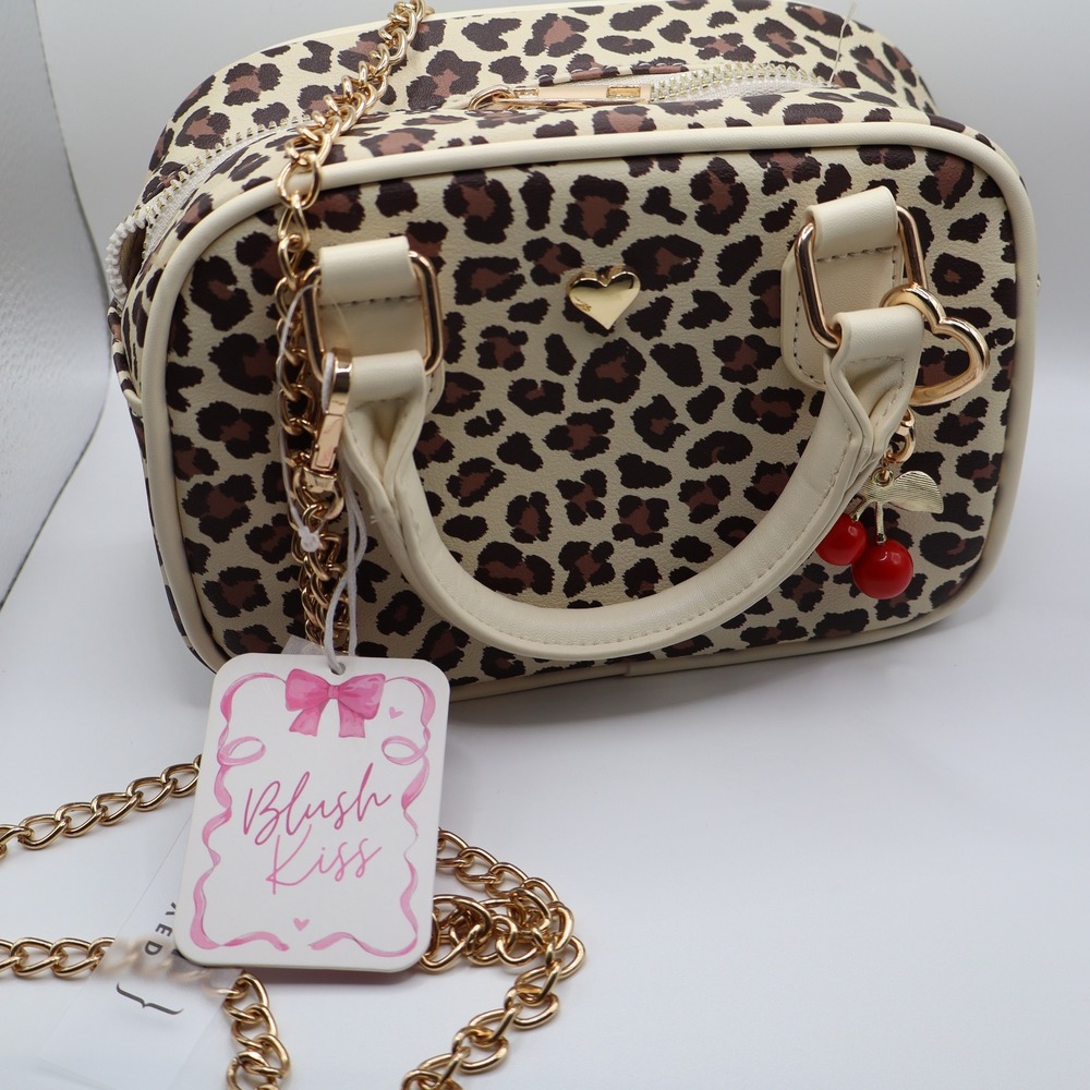 Blush Kiss Leopard Print Crossbody Bag Womens Small Brown Cherry Charm Heart